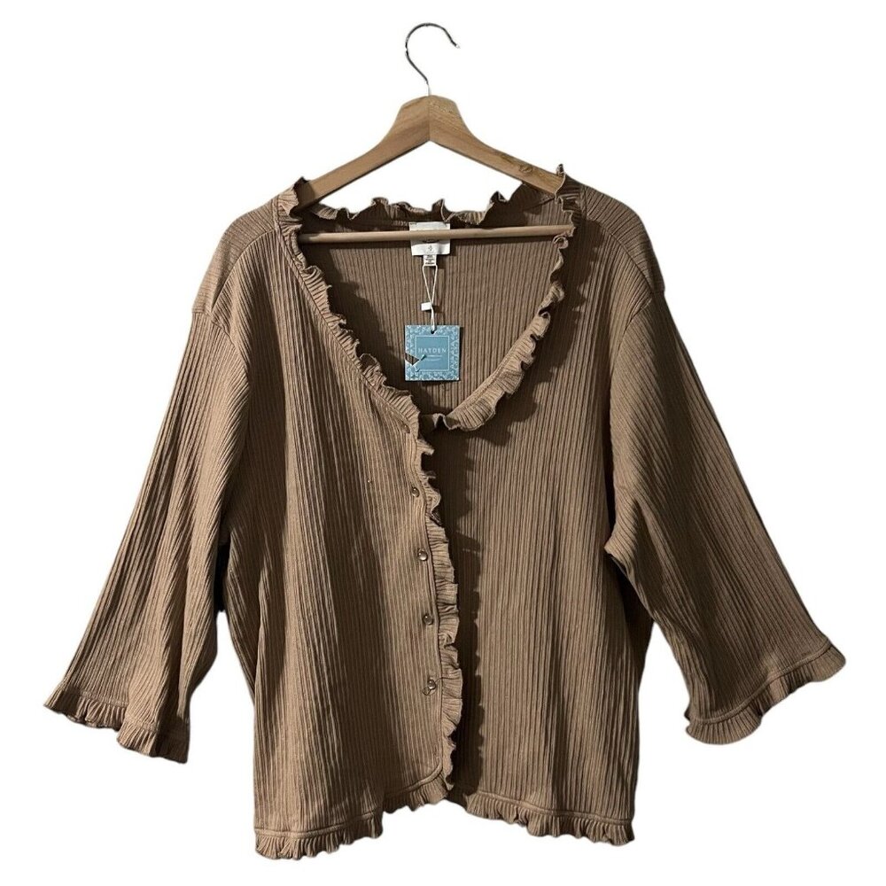 Hayden Cardigan Top Plus Size 2XL Tan Brown Ribbed Knit Ruffle Edge 3/4 Sleeve
